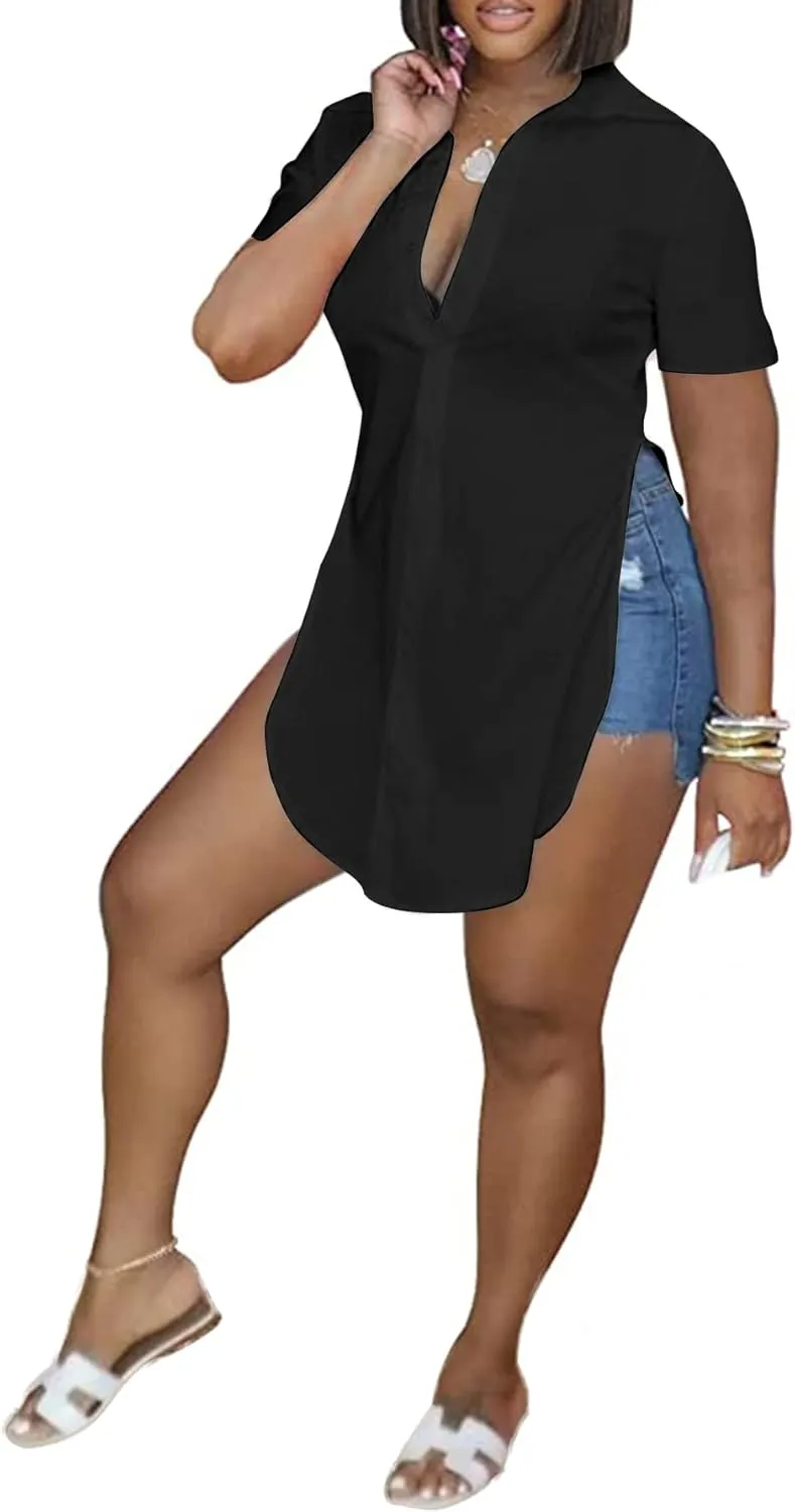 LYANER Women's Collar V Neck Button Down Slit Hem Short Sleeve Blouse Long Shirt Top