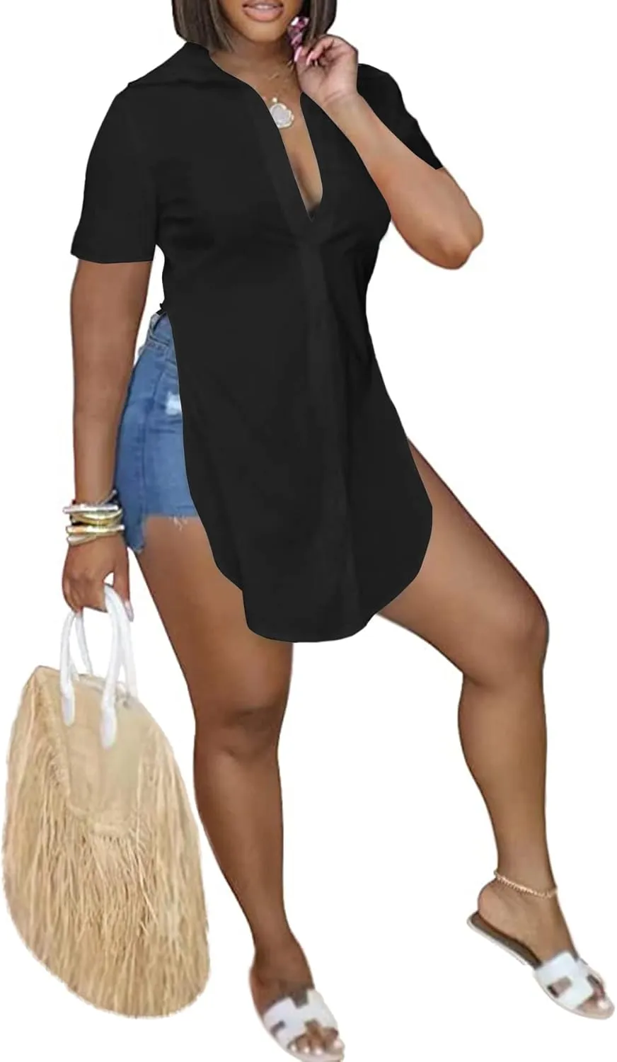 LYANER Women's Collar V Neck Button Down Slit Hem Short Sleeve Blouse Long Shirt Top