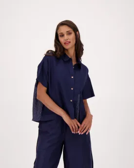Mandarin Collar Madras Linen Blend Indigo Stripe Shirt