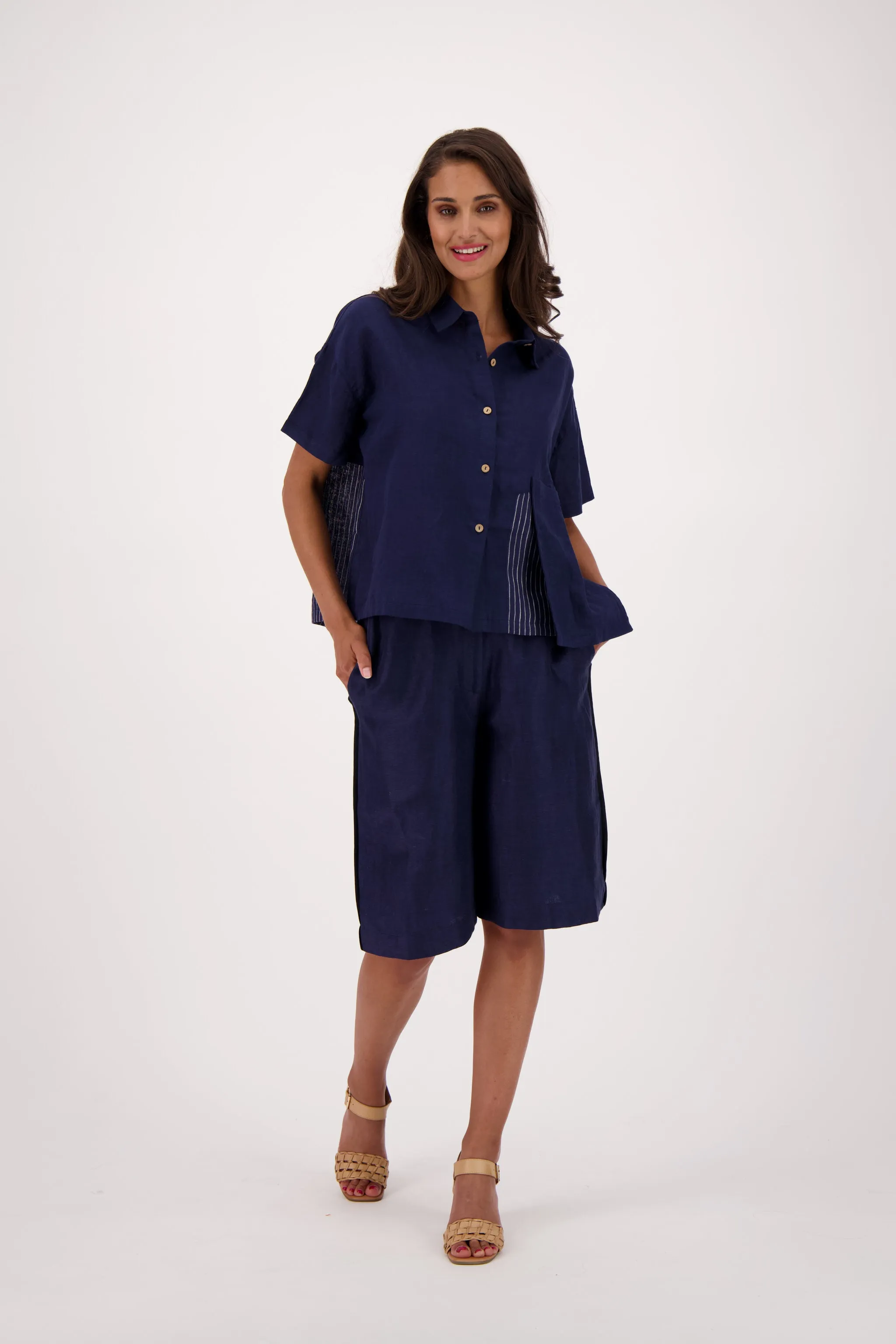 Mandarin Collar Madras Linen Blend Indigo Stripe Shirt