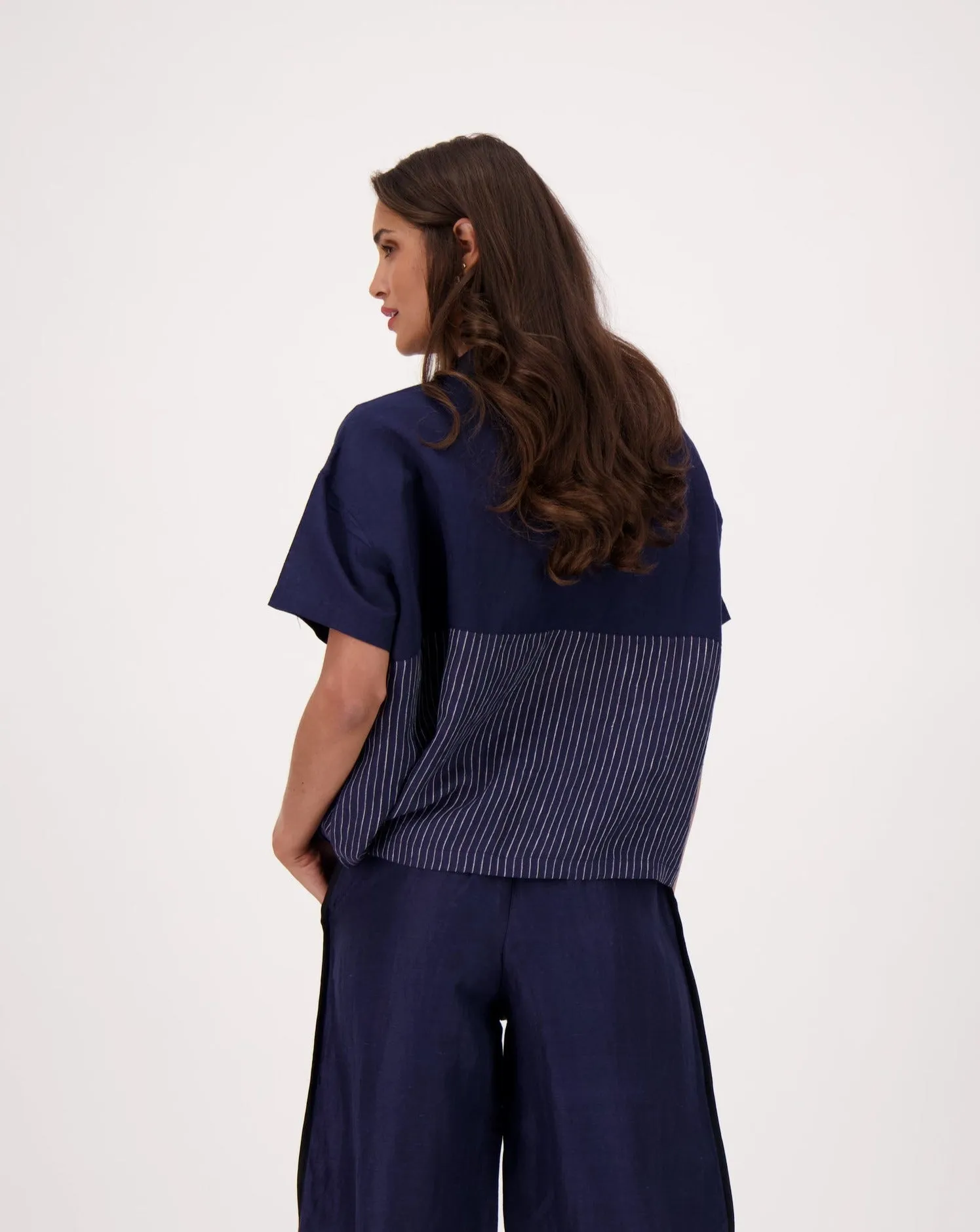 Mandarin Collar Madras Linen Blend Indigo Stripe Shirt