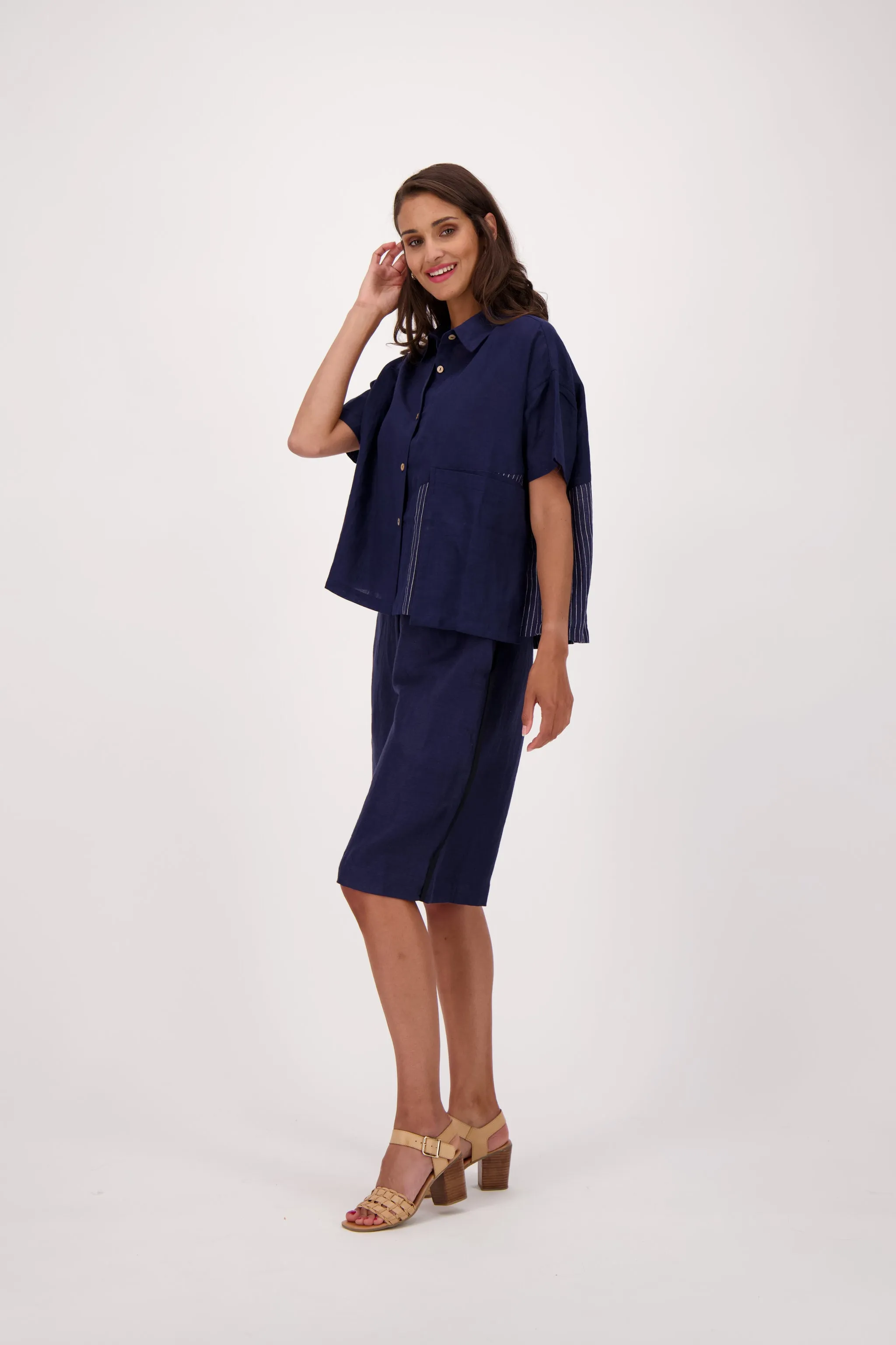 Mandarin Collar Madras Linen Blend Indigo Stripe Shirt