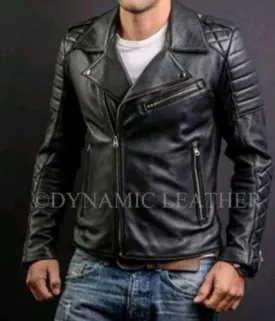 MEN’S FASHION GENUINE LEATHER SLIM FIT QUILTED BLACK LEATHER BIKER JACKET