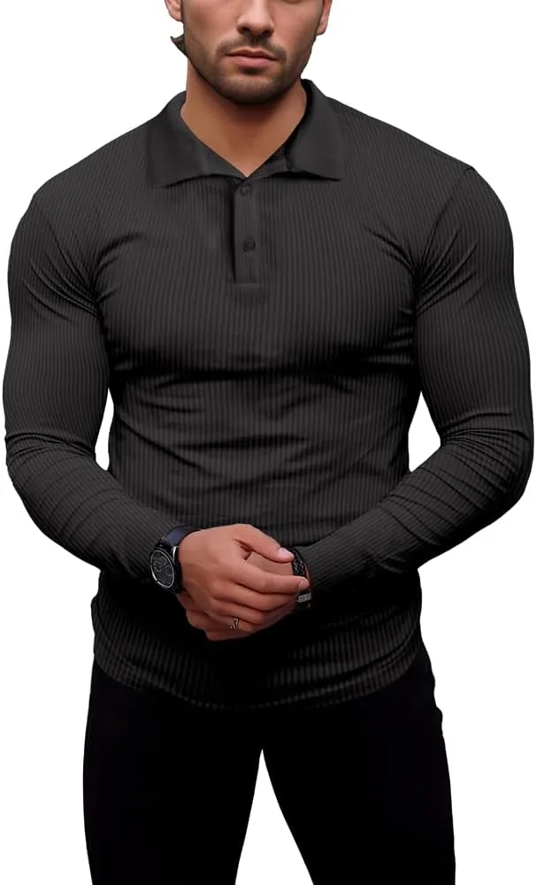 Men's Muscle Slim Fit Polo Shirts Long&Short Sleeve Stretch T-Shirts Casual Stylish Tee for Golf Workout
