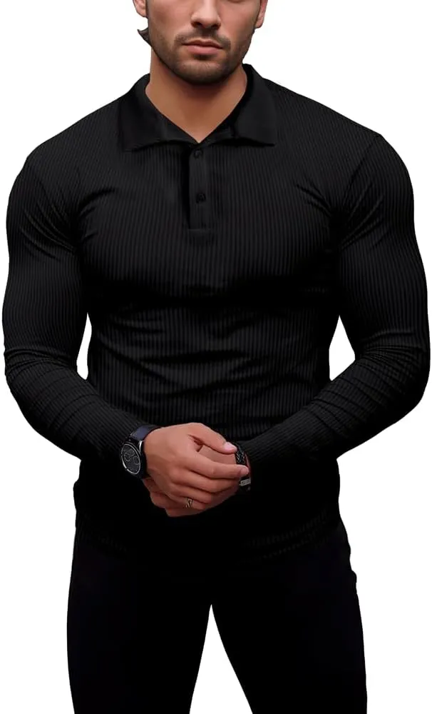 Men's Muscle Slim Fit Polo Shirts Long&Short Sleeve Stretch T-Shirts Casual Stylish Tee for Golf Workout