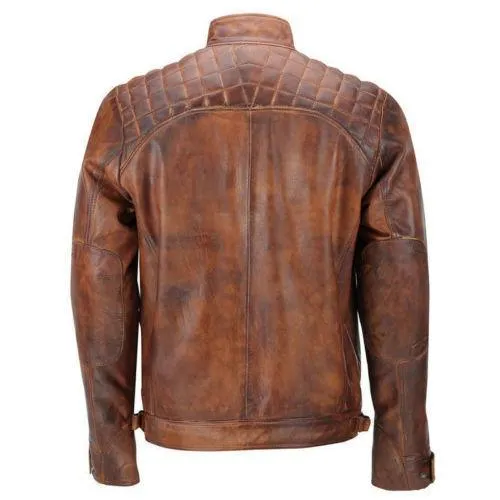 Mens Retro Zipped Biker Jacket Real Leather Black/Brown Rub Off Vintage Style