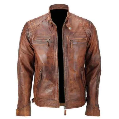 Mens Retro Zipped Biker Jacket Real Leather Black/Brown Rub Off Vintage Style