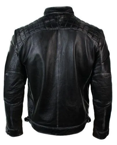 Mens Retro Zipped Biker Jacket Real Leather Black/Brown Rub Off Vintage Style