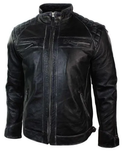 Mens Retro Zipped Biker Jacket Real Leather Black/Brown Rub Off Vintage Style