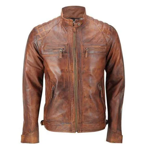 Mens Retro Zipped Biker Jacket Real Leather Black/Brown Rub Off Vintage Style