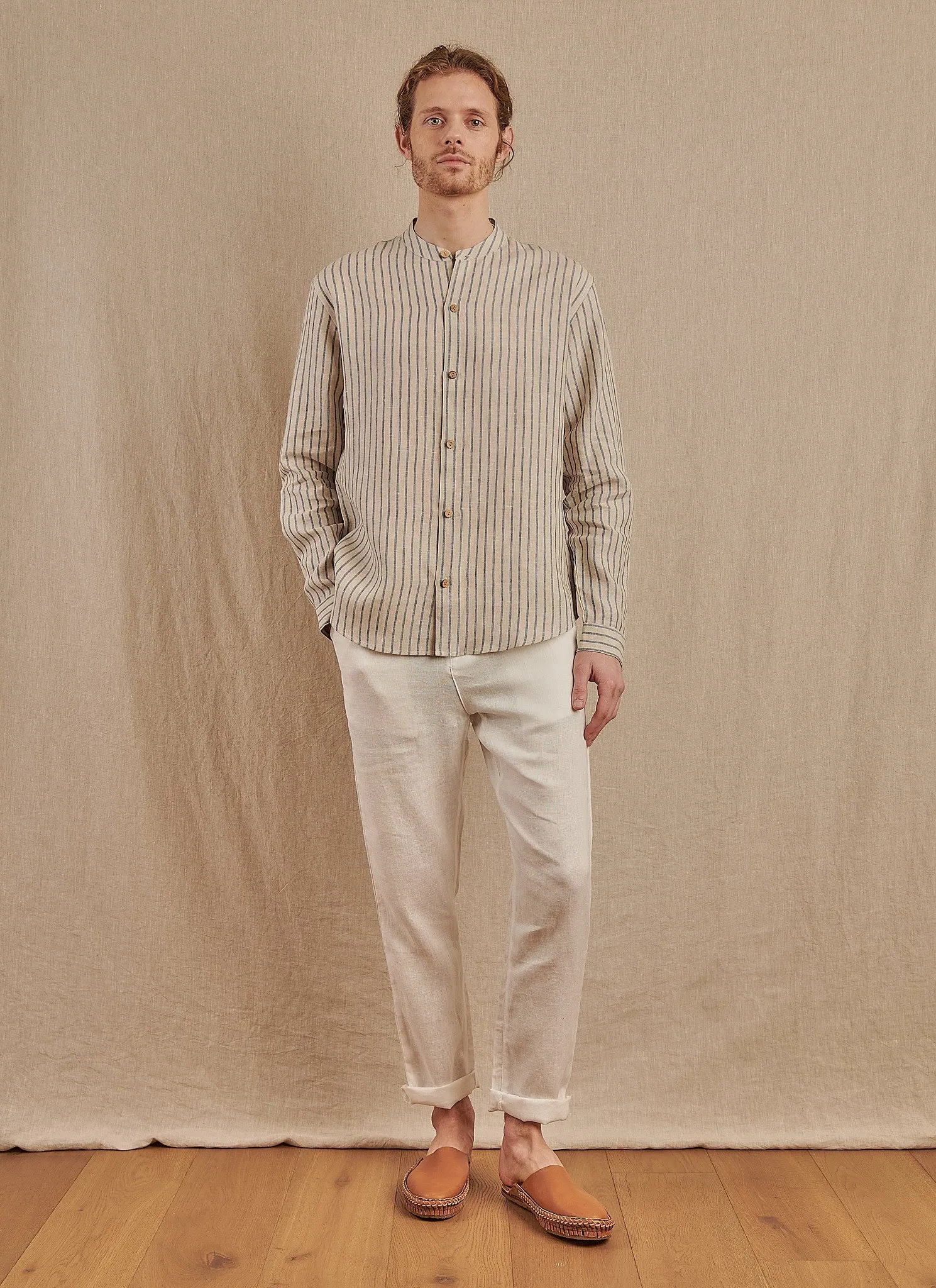 Men's Striped Monty Mandarin in Linen