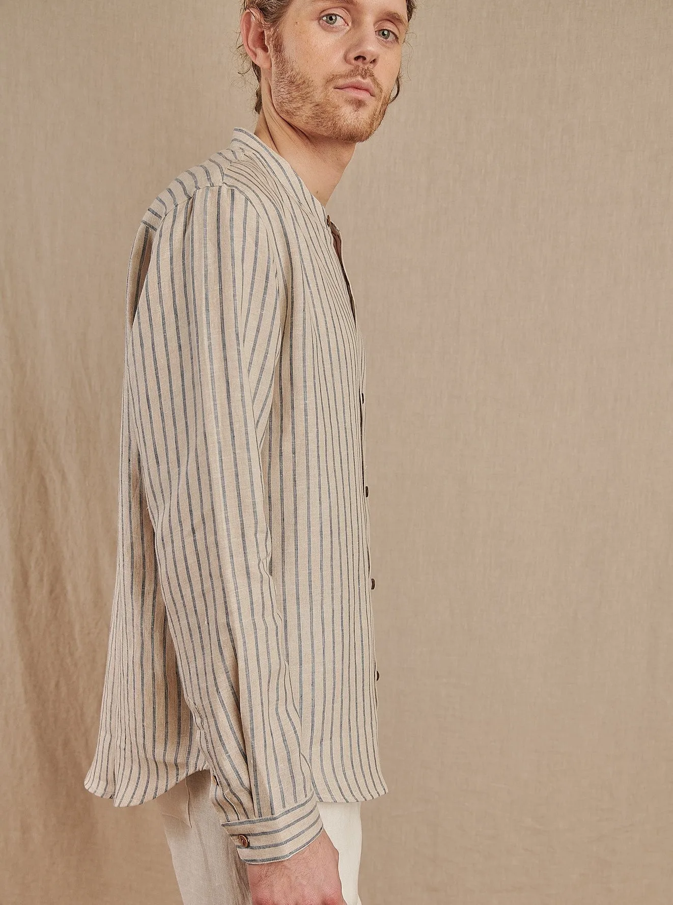 Men's Striped Monty Mandarin in Linen