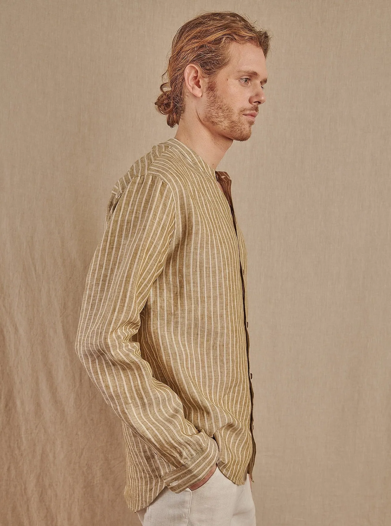 Men's Striped Monty Mandarin in Linen