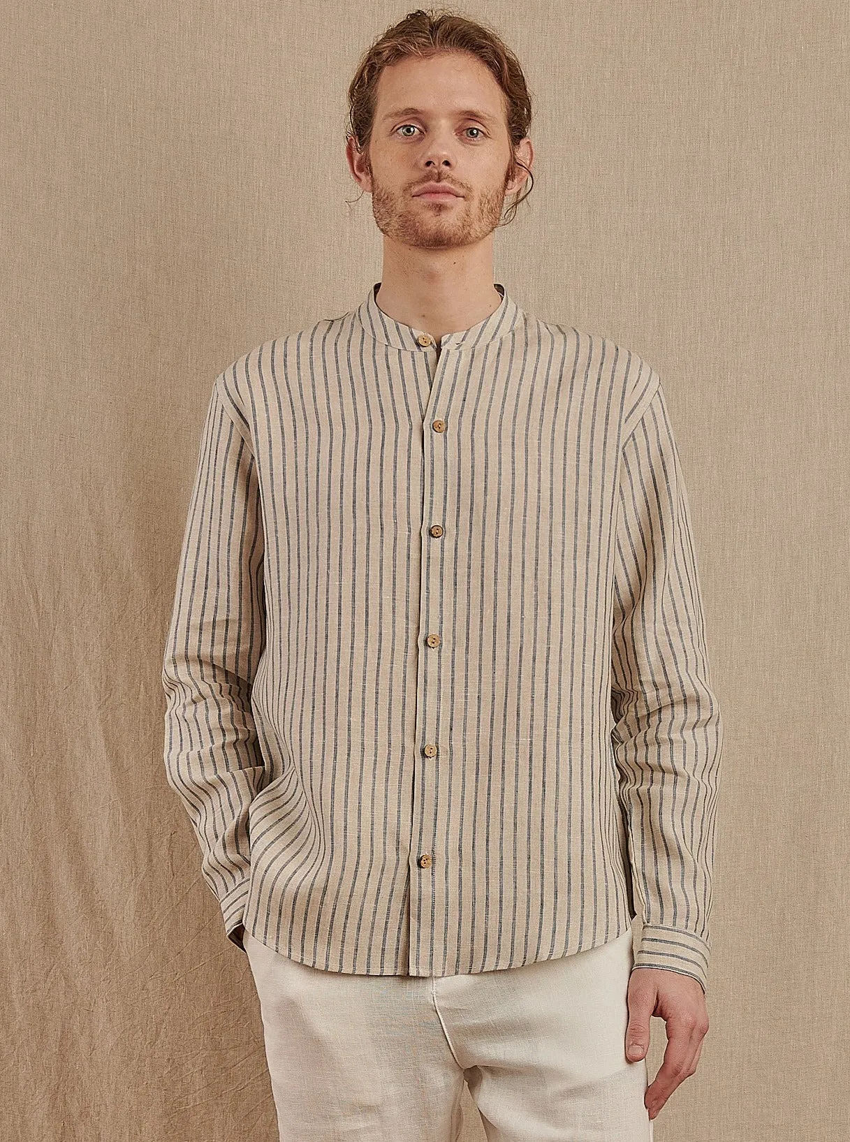 Men's Striped Monty Mandarin in Linen
