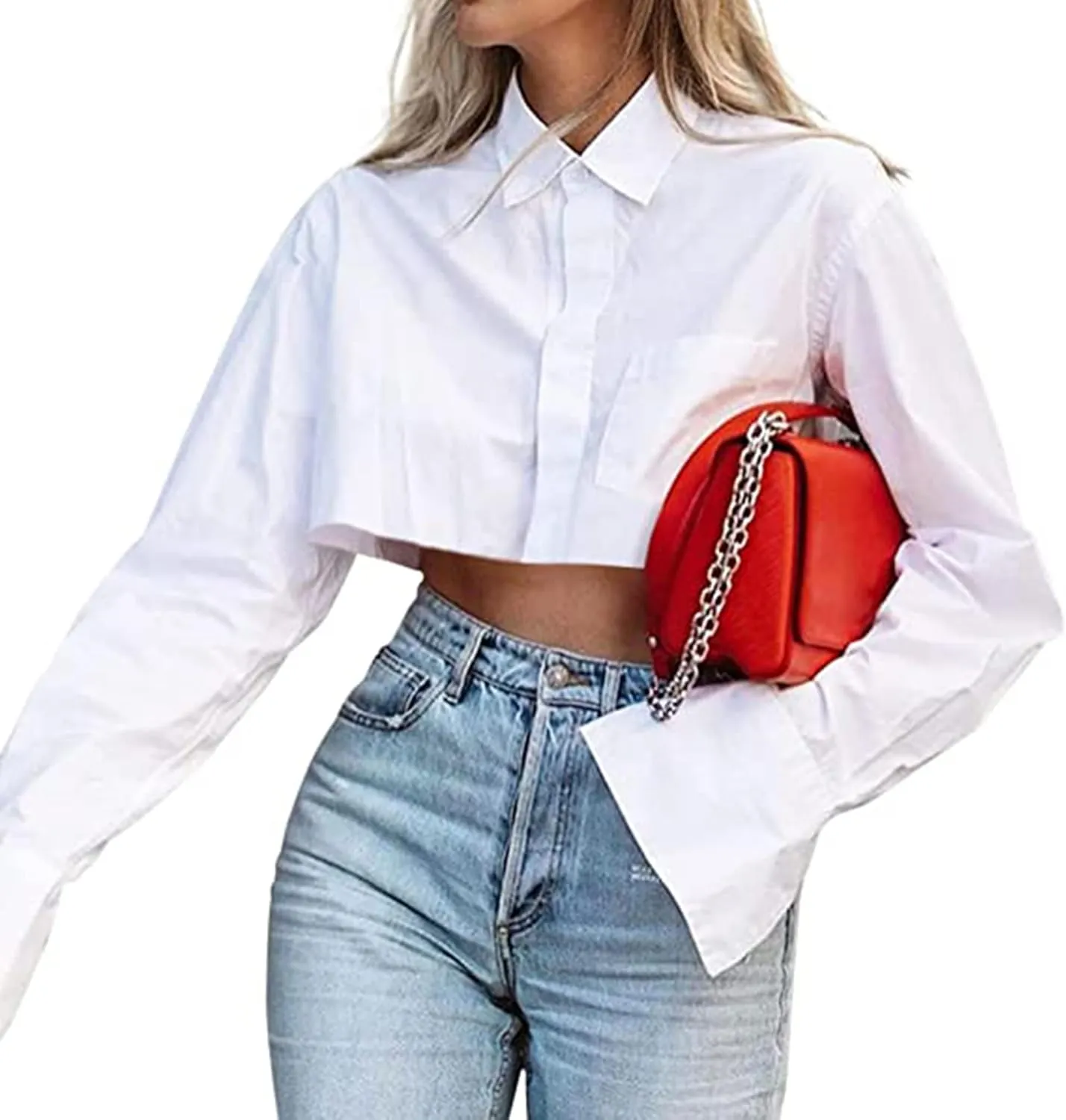 MISSACTIVER Women Solid Long Sleeve Button Up Crop Shirt Turn-Down Collar Irregular Loose Fitting Fashion Cropped Blouse Top
