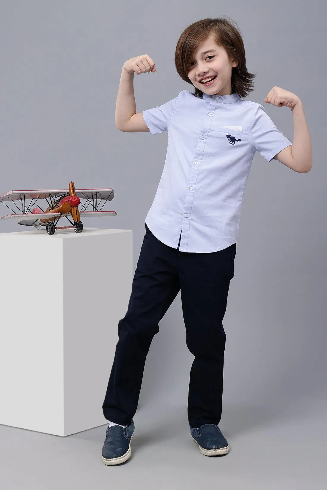 One Friday Kids Boys Blue Cotton Mandarin Collar Shirt
