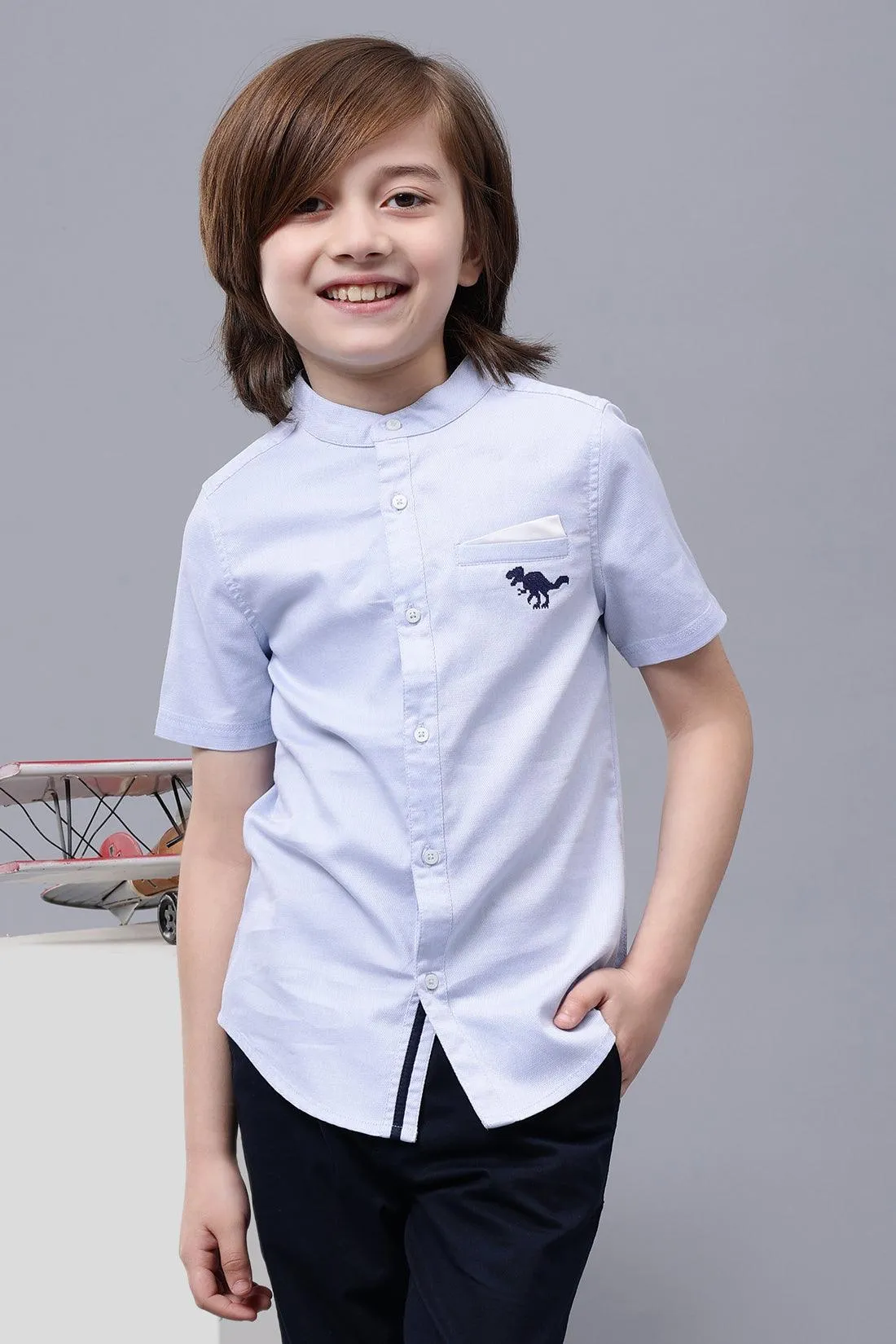 One Friday Kids Boys Blue Cotton Mandarin Collar Shirt