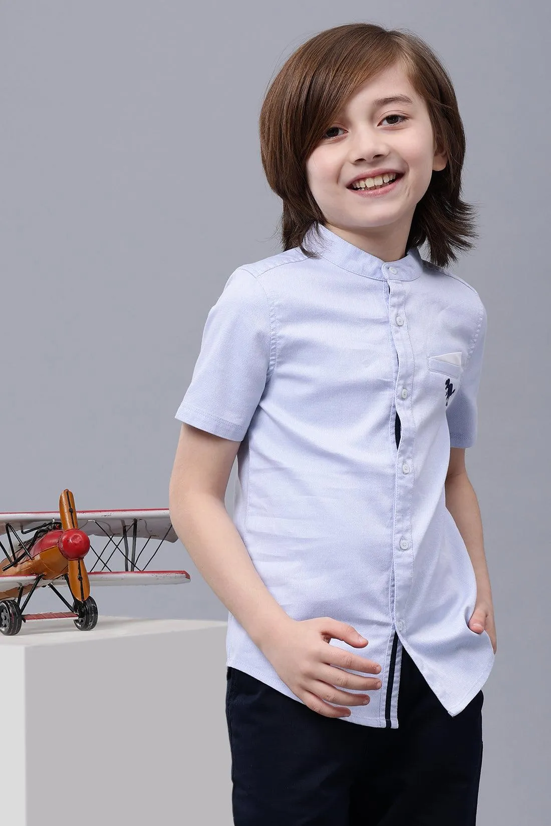 One Friday Kids Boys Blue Cotton Mandarin Collar Shirt