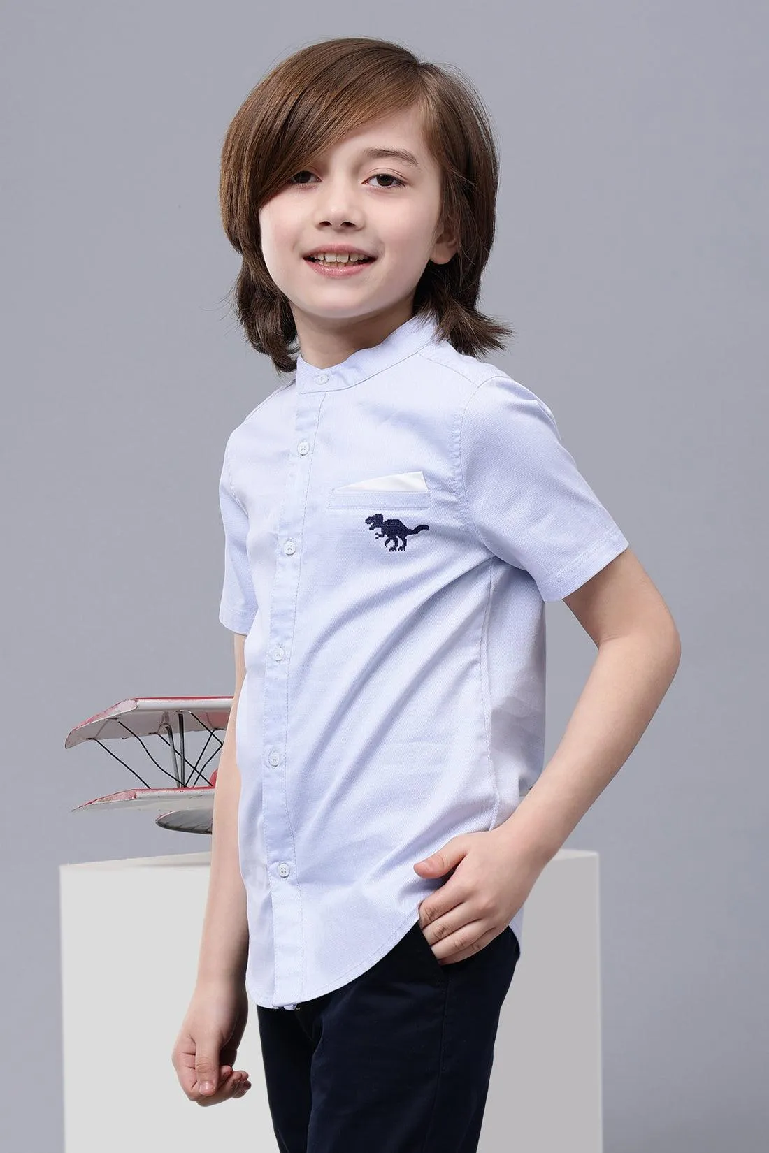 One Friday Kids Boys Blue Cotton Mandarin Collar Shirt