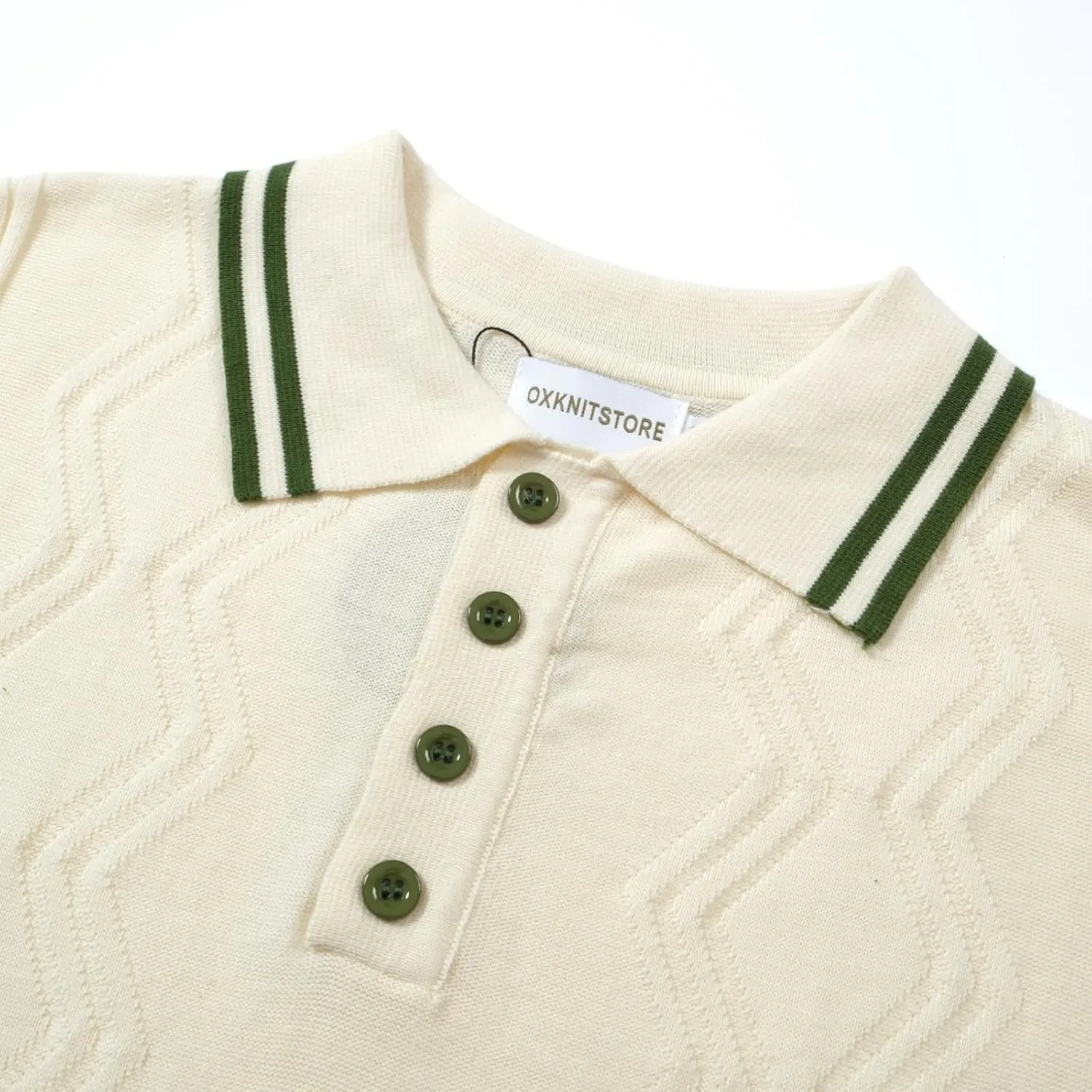 OXKNIT Mens Knitted Vintage Polo Shirt, 1960s Mod Style Retro Polo Textures Shirt with Double Line Neck