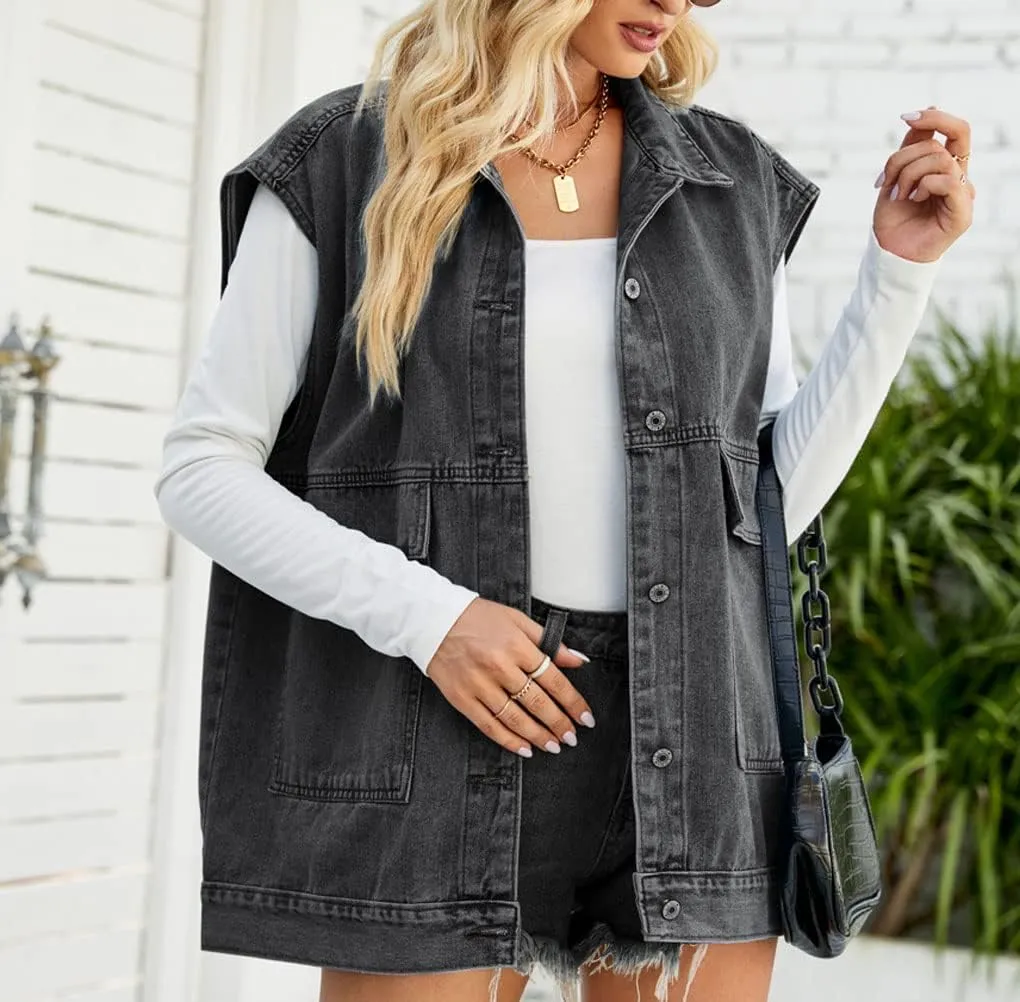 PAODIKUAI Women's Oversized Denim Vest Mid Long Jean Vest Sleeveless Jackets Distressed Vest Cotton