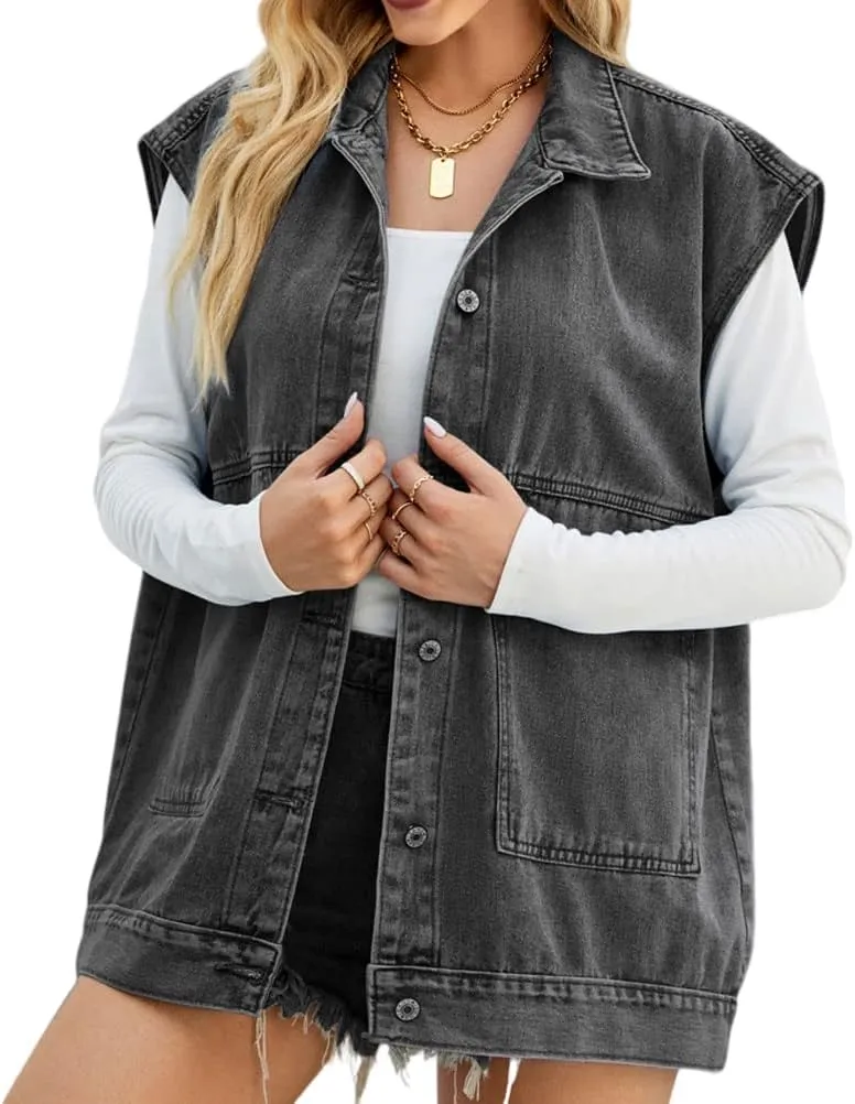 PAODIKUAI Women's Oversized Denim Vest Mid Long Jean Vest Sleeveless Jackets Distressed Vest Cotton