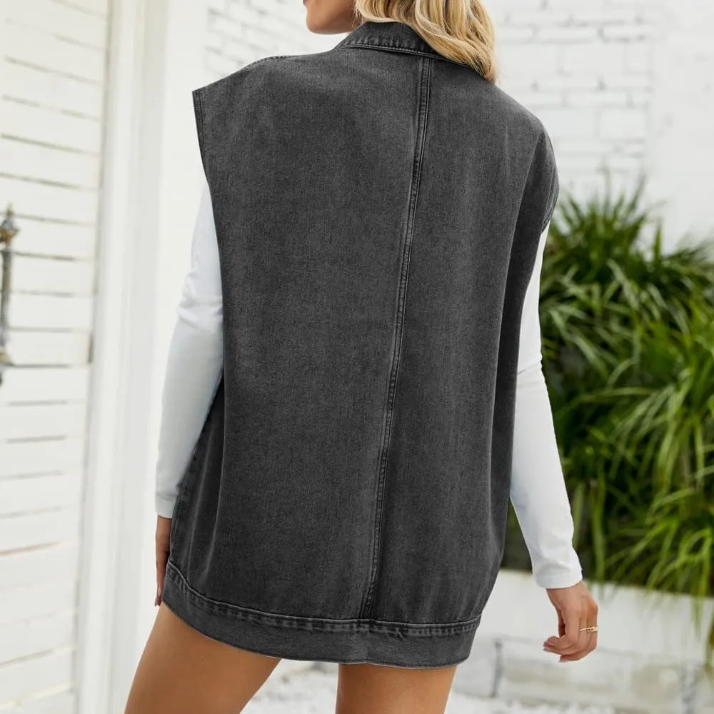 PAODIKUAI Women's Oversized Denim Vest Mid Long Jean Vest Sleeveless Jackets Distressed Vest Cotton