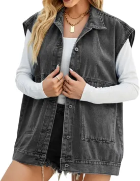 PAODIKUAI Women's Oversized Denim Vest Mid Long Jean Vest Sleeveless Jackets Distressed Vest Cotton