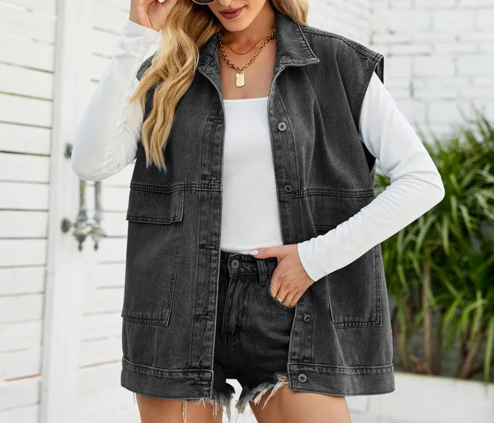 PAODIKUAI Women's Oversized Denim Vest Mid Long Jean Vest Sleeveless Jackets Distressed Vest Cotton