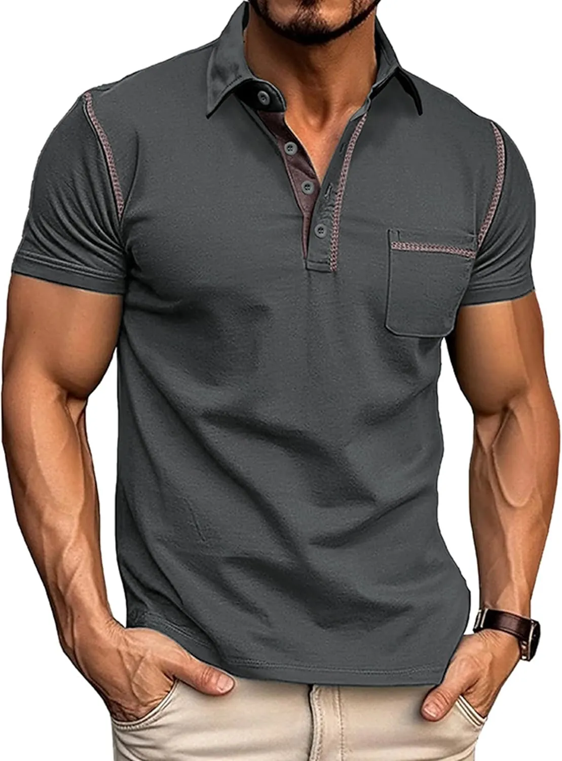 Polo Shirts for Men Basic Short Sleeve Shirt Button Solid Color Casual Tees Golf Stylish Tops