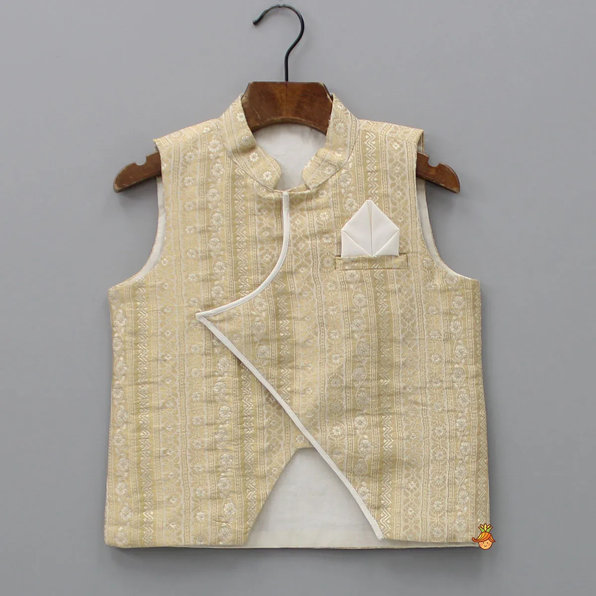 Pre Order: Kurta With Pocket Square Stylish Jacket And Lace Detailed Dhoti