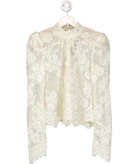 Self-Portrait Cream Rhinestone Embellished Shoulder Padded Lace Top UK 4