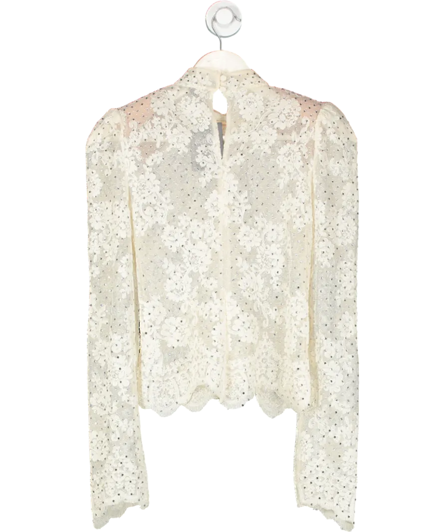 Self-Portrait Cream Rhinestone Embellished Shoulder Padded Lace Top UK 4