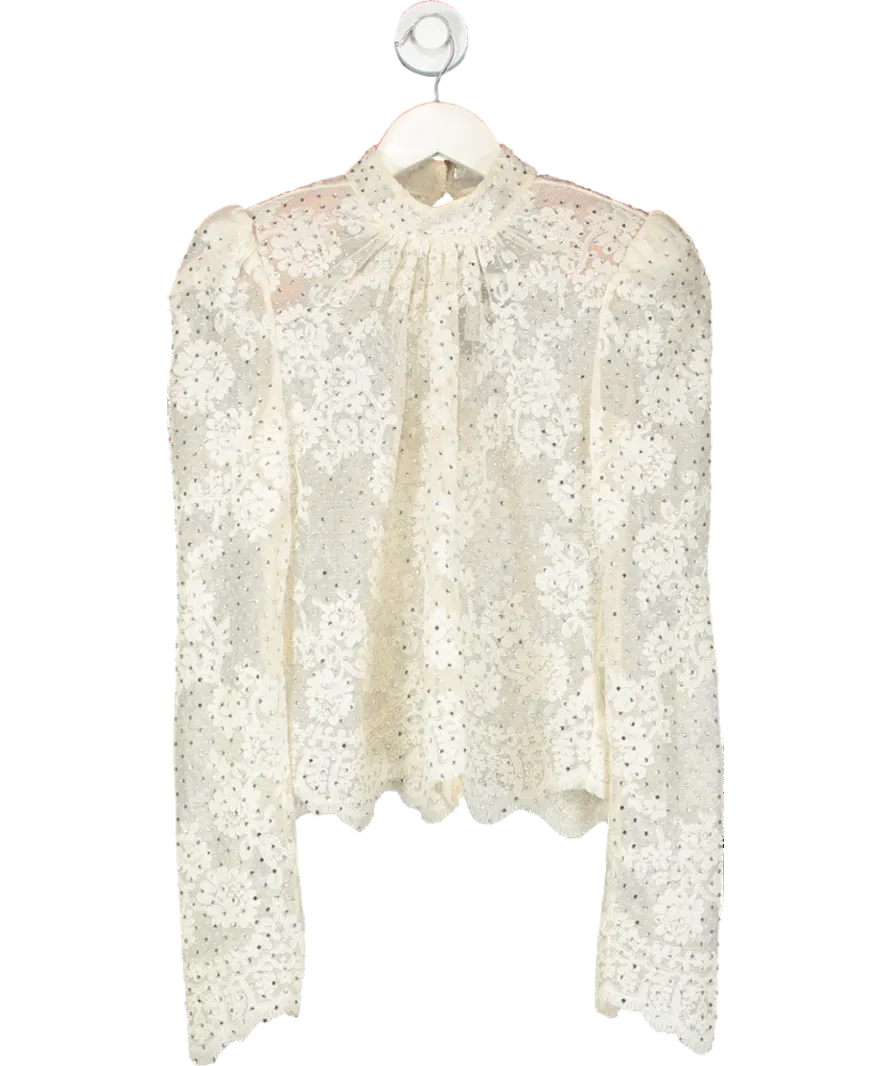 Self-Portrait Cream Rhinestone Embellished Shoulder Padded Lace Top UK 4