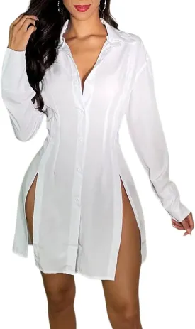 shengfan Women's Casual Long Sleeve Button Down Shirt Dress Collar V Neck Loose Slit Sexy Blouse Mini Dresses