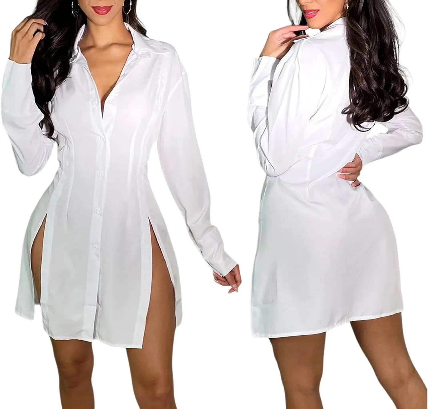 shengfan Women's Casual Long Sleeve Button Down Shirt Dress Collar V Neck Loose Slit Sexy Blouse Mini Dresses