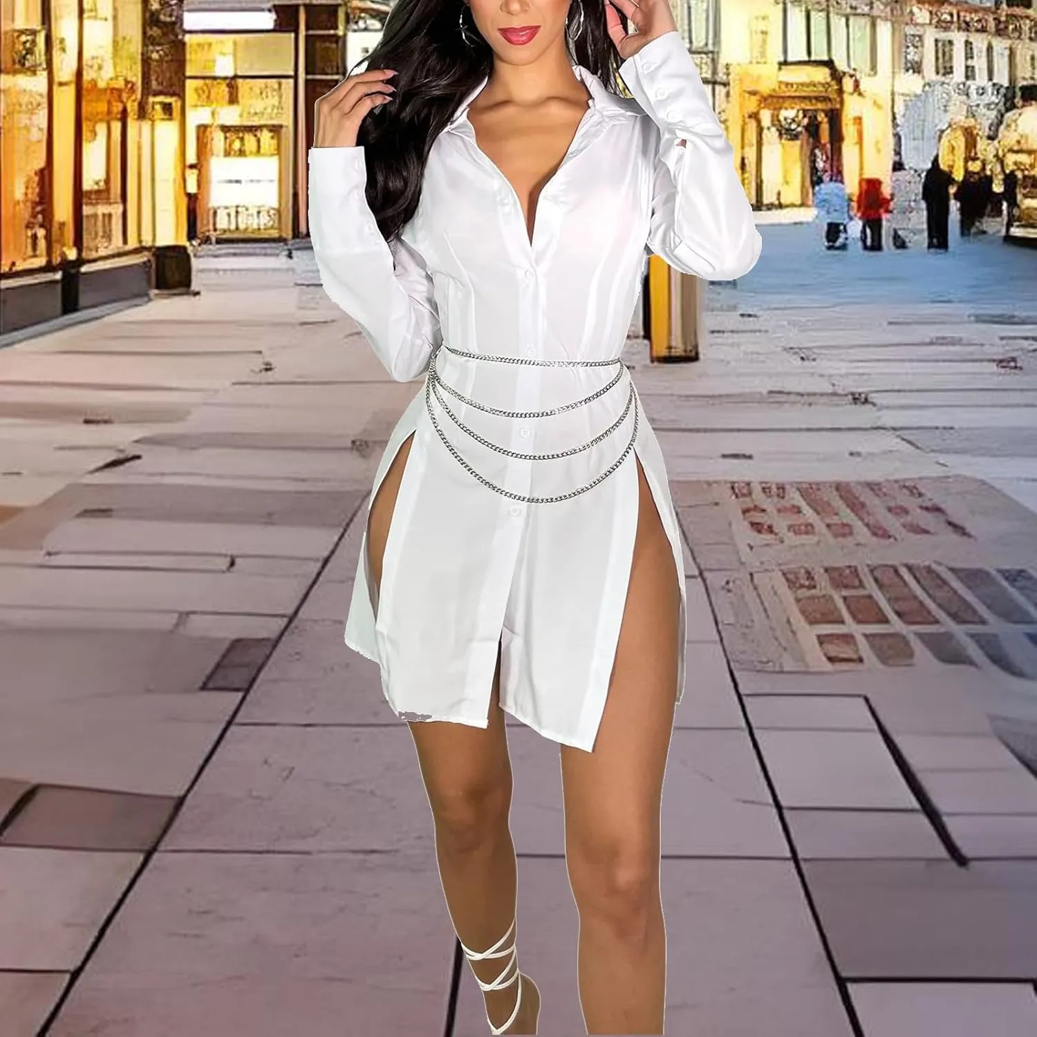 shengfan Women's Casual Long Sleeve Button Down Shirt Dress Collar V Neck Loose Slit Sexy Blouse Mini Dresses
