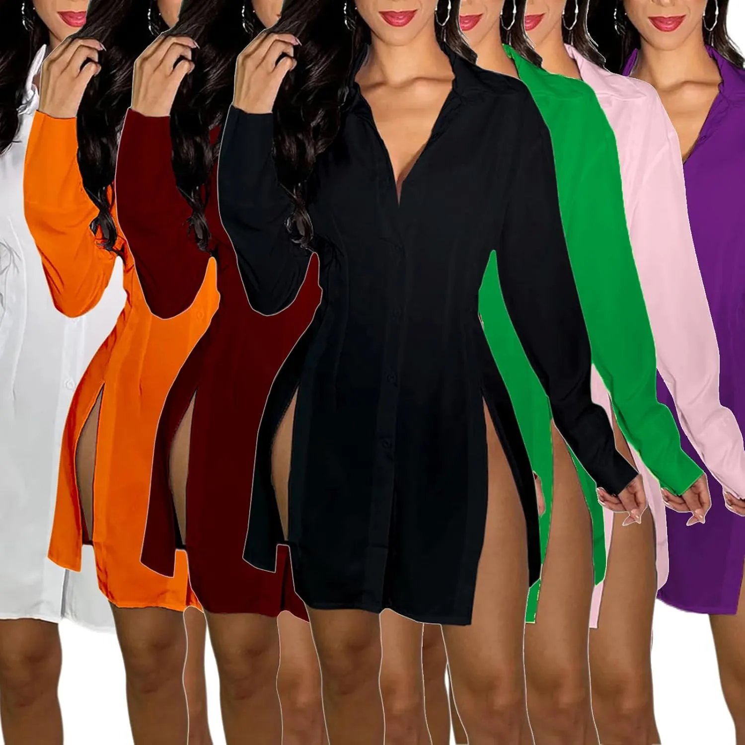 shengfan Women's Casual Long Sleeve Button Down Shirt Dress Collar V Neck Loose Slit Sexy Blouse Mini Dresses