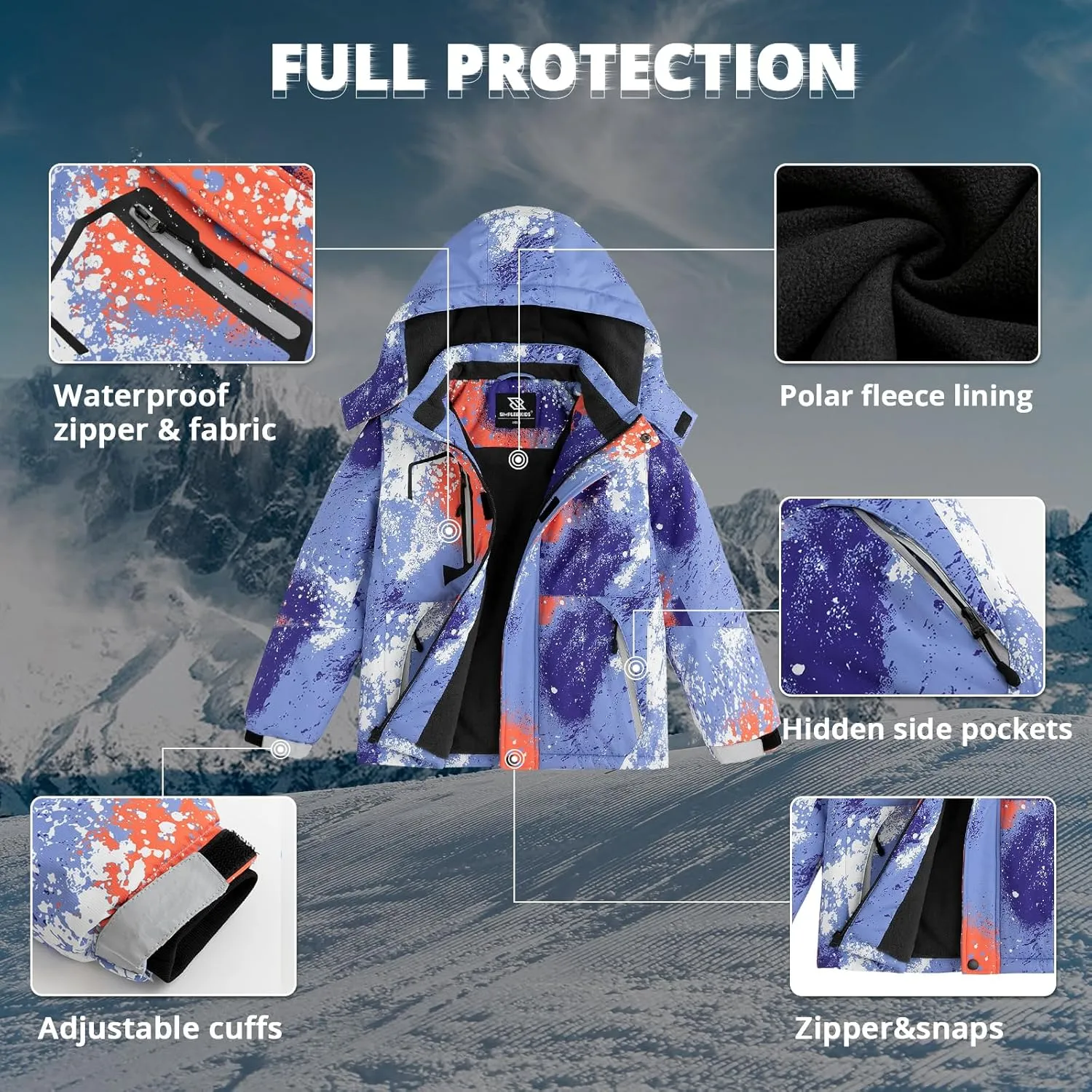 Simplee kids Boy Winter Coat Waterproof Ski Jacket Fleece Hooded Snow Warm Padded Raincoats