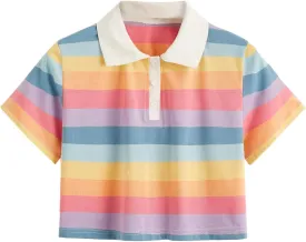 SweatyRocks Women's Collar Half Button Short Sleeve Striped Crop Top T-Shirts