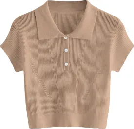 SweatyRocks Women's Collar Half Button Short Sleeve Striped Crop Top T-Shirts