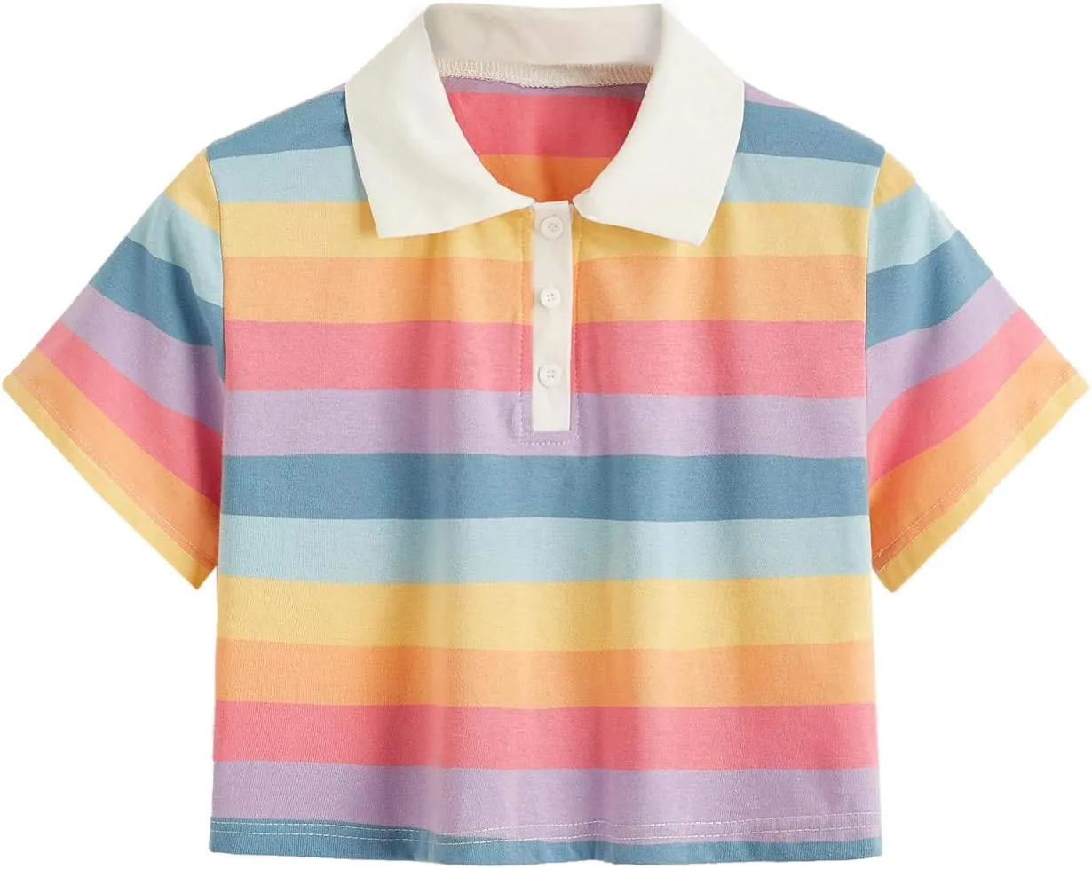 SweatyRocks Women's Collar Half Button Short Sleeve Striped Crop Top T-Shirts