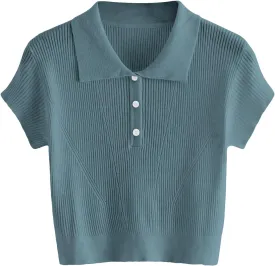 SweatyRocks Women's Collar Half Button Short Sleeve Striped Crop Top T-Shirts
