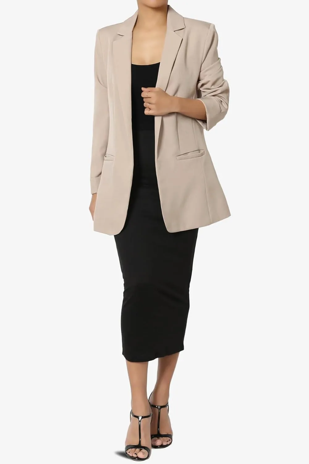TheMogan Women's Cuffed Long Sleeve Open Front Blazer Stylish Office Casual Versatile Jacket