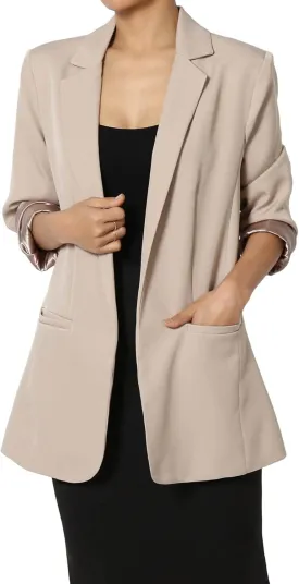 TheMogan Women's Cuffed Long Sleeve Open Front Blazer Stylish Office Casual Versatile Jacket