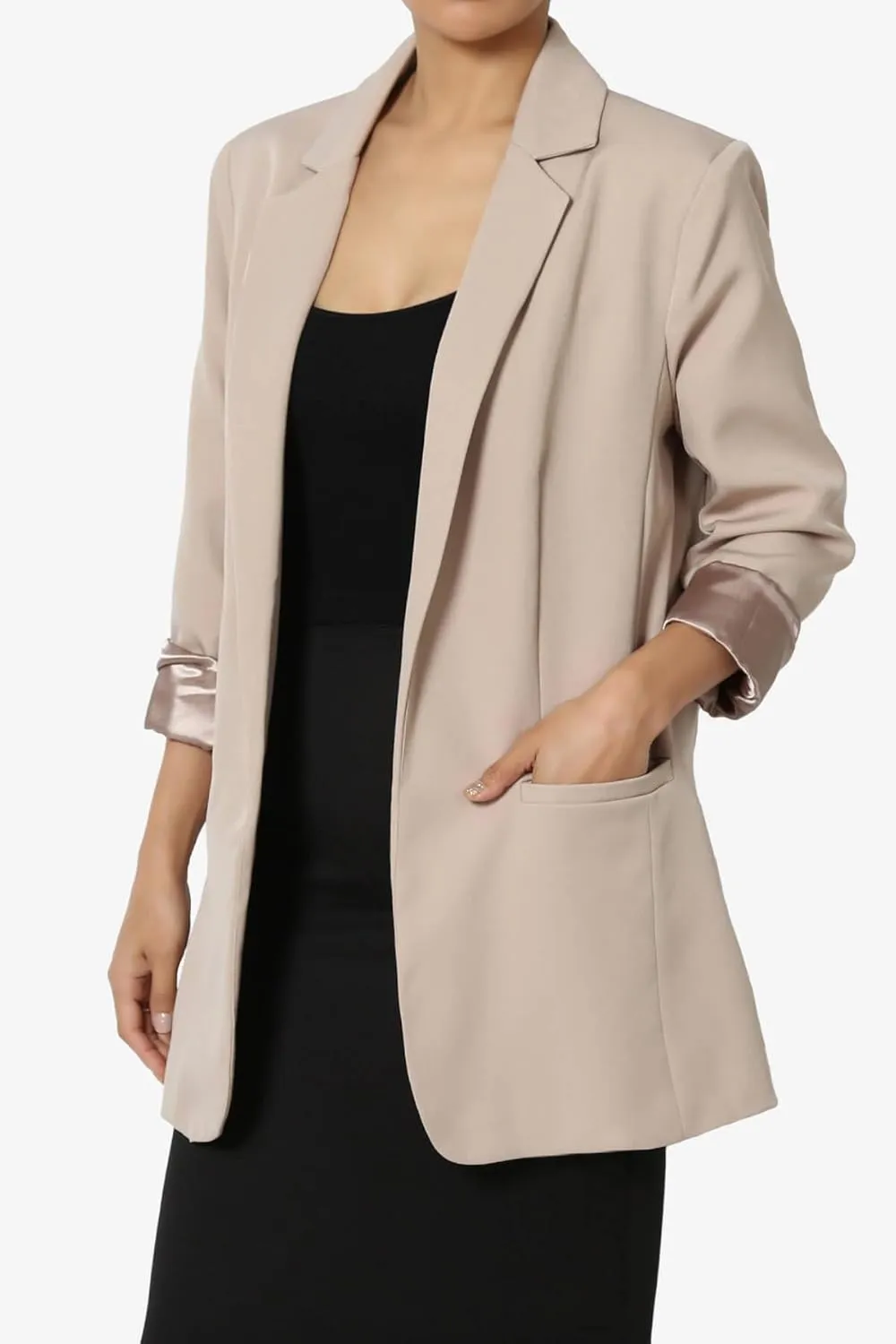 TheMogan Women's Cuffed Long Sleeve Open Front Blazer Stylish Office Casual Versatile Jacket