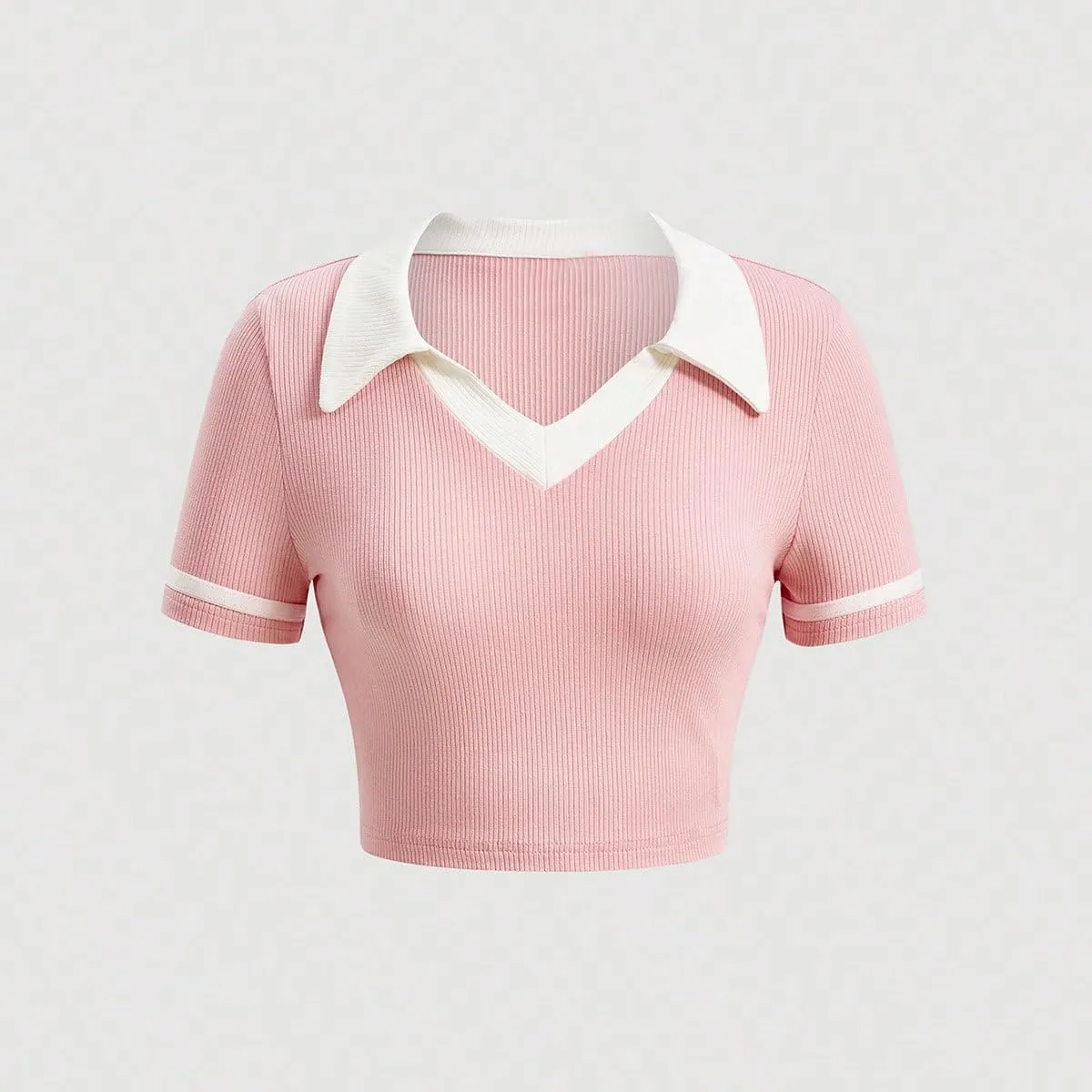 Verdusa Women's Short Sleeve Collar Neck Colorblock Contrast Binding Ribbed Knit Crop Top Shirt