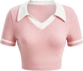 Verdusa Women's Short Sleeve Collar Neck Colorblock Contrast Binding Ribbed Knit Crop Top Shirt