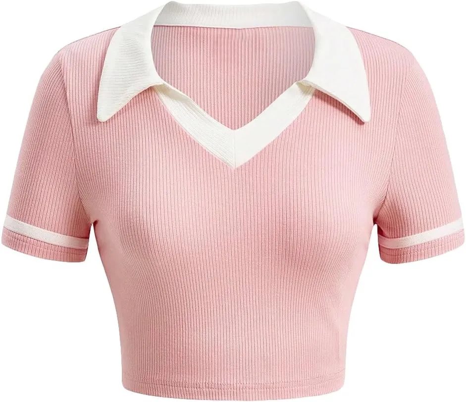 Verdusa Women's Short Sleeve Collar Neck Colorblock Contrast Binding Ribbed Knit Crop Top Shirt