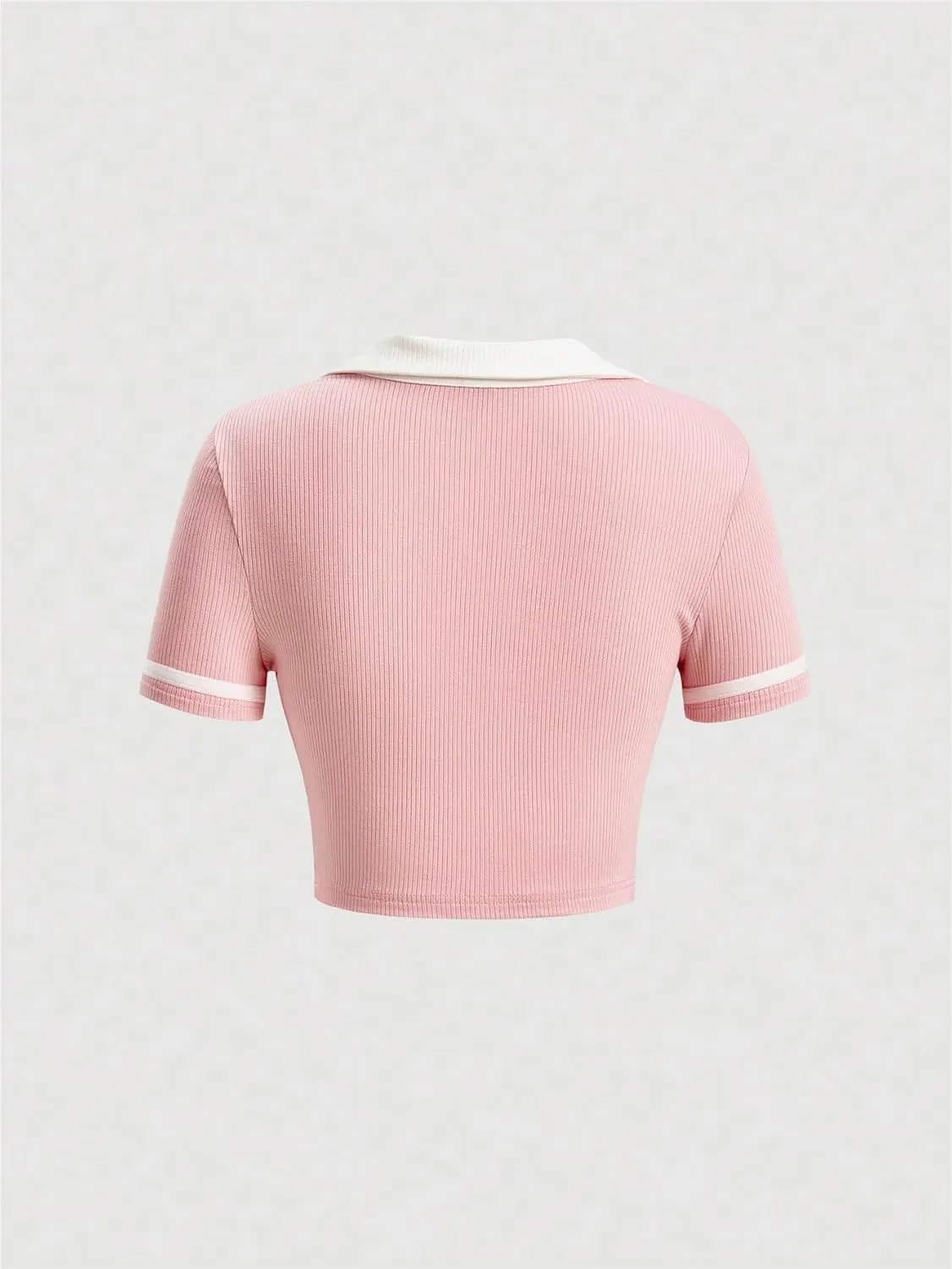 Verdusa Women's Short Sleeve Collar Neck Colorblock Contrast Binding Ribbed Knit Crop Top Shirt